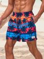 SHEIN Men'S Swim Trunks With Coconut Tree Print And Drawstring Waist