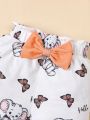 Infant Girls' Letter & Little Elephant Printed Romper And Butterfly Printed Shorts Set