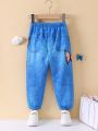 SHEIN Kids EVRYDAY Toddler Girls' Casual Everyday Imitation Denim Print Thin Velvet Overalls Pants For Autumn And Winter