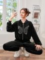 Teen Girls' Knitted Velvet Butterfly Embellished Hoodie And Jogger Pants Set, Winter