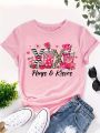 Valentine's Day Plus Size Women Round Neck Short Sleeve T-Shirt With Letter & Heart Print