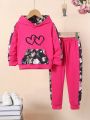SHEIN Kids EVRYDAY Little Girls' Hooded Sweatshirt And Pants Set With Heart & Floral Print