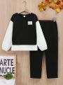SHEIN Kids EVRYDAY Tween Girls' Knitted Color-Block Loose Fit Top With Wide-Leg Pants Casual 2pcs/Set