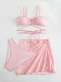 SHEIN Swim Mod Heart Shaped Ring Hollow Embroidery Bikini Set With Beach Skirt