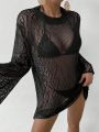 SHEIN Swim Basics 1pc Women's Long Sleeve Hollow Out Cover Up Dress