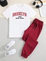 Teen Boys' Letter Print T-Shirt And Solid Colored Pants Two Piece Set