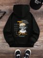 Tween Boy Slogan & Figure Graphic Drawstring Thermal Lined Hoodie