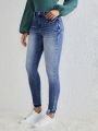 SHEIN LUNE High Stretchy And Tightening Belly Hole Ripped Worked Old Ladies' Denim Skinny Leggings