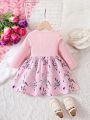 SHEIN Baby Girl Floral Print Ruffle Trim Bow Front 2 In 1 Dress