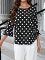 EMERY ROSE Women's Polka Dot Round Neck Shirt