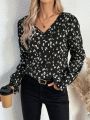 SHEIN LUNE All-over Printed Lace Panel Long-sleeved Shirt