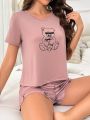 Bear Printed Short Sleeve Top And Shorts Pajamas Set