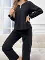 Women's Black Plaid Pajama Set With Embroidery And Hollow Out Decorated Neckline, Long Sleeve And Long Pants