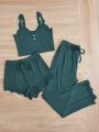 Women's Lace Trimmed Camisole & Tie Waist Shorts & Pants Sleepwear Set