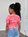 SHEIN Kids Cooltwn Girls' Everyday Casual Marble Print Pleated V-Neck Short Sleeve T-Shirt