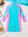 Young Girl's Colorblock Raglan Long Sleeve Swimsuit Romper, Sporty And Fashionable