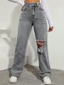 SHEIN Ripped Straight Leg Jeans