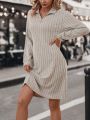 Quarter Zip Ribbed Knit Tee Dress