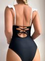 SHEIN Swim Chicsea Push Up One Piece Swimsuit With Color Block And Ruffle Straps