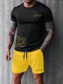 Extended Sizes Men Plus Letter Graphic Tee & Drawstring Waist Shorts