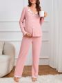 Maternity Lace Trim Bow Front Lettuce Trim PJ Set