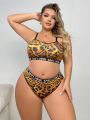 Women'S Plus Size Leopard Print Letter & Straps Design Bra And Panty Set