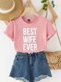 Women's Slogan Printed Round Neck Short Sleeve T-shirt