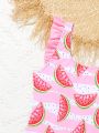 Tween Girl One-Piece Swimsuit With Watermelon Pattern And Ruffled Hem