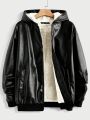 Manfinity Men's Zipper-Front Hooded Faux Leather Casual Jacket With Fleece Lining