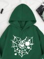 Women's Regular Fit Spider Web Printed Hooded Sweatshirt With Drawstring And Fleece Lining