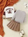 Baby Girls' Vintage College Style Plaid Embroidery Printed Three Piece Set For Autumn And Winter