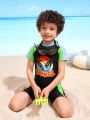 Young Boy'S Letter And Coconut Tree Print Short Sleeve Swimsuit With Shorts