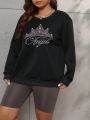 Plus Rhinestone Crown & Letter Graphic Drop Shoulder Sweatshirt