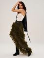 SHEIN BohoFeels Women's Vacation High-Low Multi-Layer Mesh Skirt With Ruffle Hem, No Belt