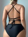 SHEIN Swim Basics Women'S Back Cross Straps One-Piece Swimsuit