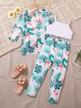 SHEIN Kids CHARMNG Little Girls' Tropical Printed Kimono Top And Wide-Leg Pants And Colorblock Cami Top 3pcs Outfit