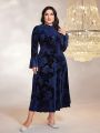 Plus Floral Jacquard Flare Sleeve Ruffle Hem Velvet Dress