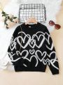 Tween Girl Heart Pattern Drop Shoulder Sweater