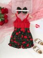 Baby Girl's Romantic Rose Print Spaghetti Strap Romper Shorts For Fashionable Summer