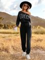 SHEIN LUNE Asymmetrical Neckline Jumpsuit With Rhinestone And Letter Print