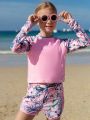 Tween Girl Tropical Print Rashguard Swimsuit With Bikini Bottoms And Shorts