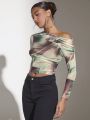 SHEIN BAE Asymmetric Collar Design Patterned Mesh Top