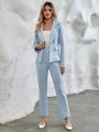 Women's Color Block Lapel Suit Jacket And Long Pants Set