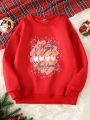 SHEIN Kids HYPEME Tween Girl 1pc Cartoon & Slogan Graphic Thermal Lined Pullover