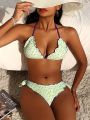 SHEIN Swim Mod Floral Print Ruffle Neck Halter Bikini Set For Women