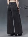 Goth Loose Retro Style Character Pattern Wide Leg Denim Jeans With Slant Pockets