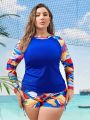 SHEIN Swim SPRTY Plus Size Women's Leaf Printed Long Sleeve Tankini Swimsuit Set