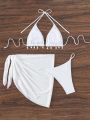 SHEIN Swim Vcay 3pcs Women'S Shell Colorblock Halter Neck Tie Swimsuit Set