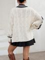 SHEIN Qutie Letter Pattern Striped Trim Drop Shoulder Cable Knit Sweater