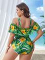 SHEIN Swim Vcay Plus Size Tropical Print Halterneck One-Piece Swimsuit